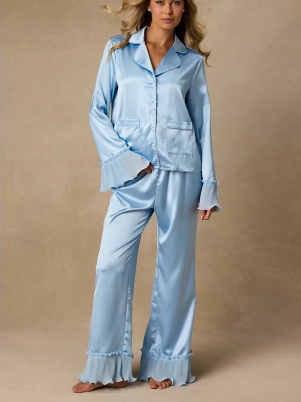 Melanie Light Blue Satin Ruffled
Two-Piece Pajama Set
